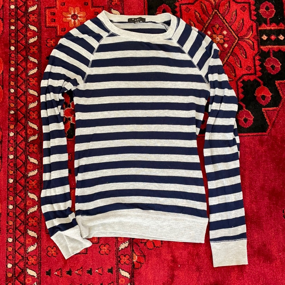 Grey and navy striped long sleeve shirt